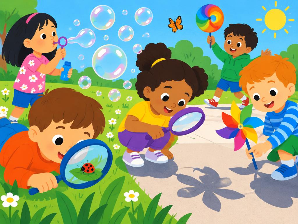 Young children exploring with magnifying glasses and bubbles