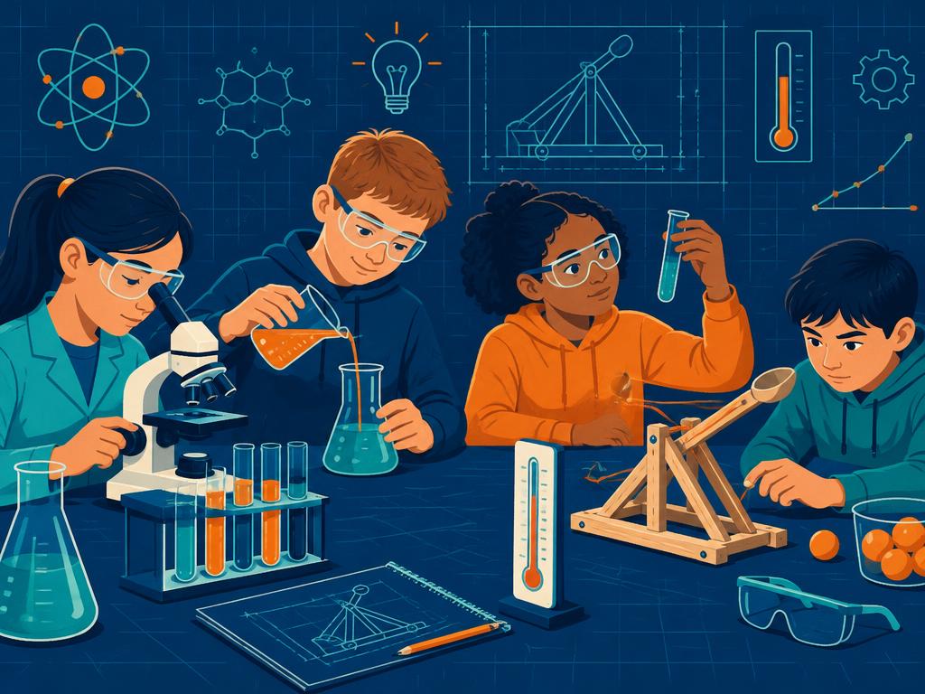 Older children using a microscope and science equipment